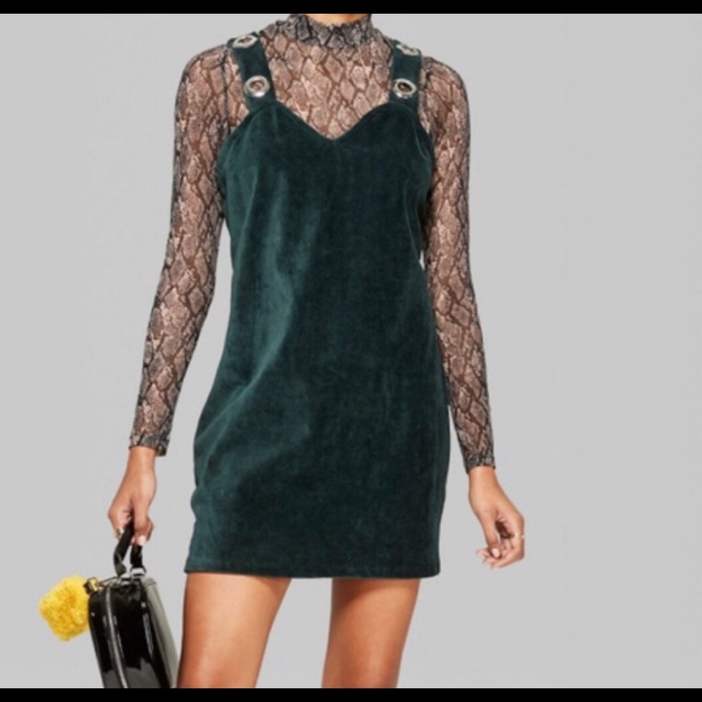 Wild Fable Dark Green Velvet Mini Overall Dress